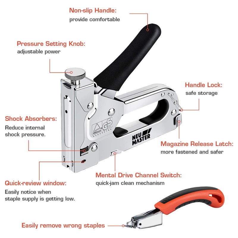 NEU MASTER 3 in 1 Staple Gun, Manual, Heavy Duty with Stapler Remover and 2000Pcs Staples for Upholstery, Fixing Material, Decoration, Carpentry, Furniture - Image 2